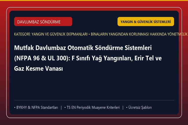 Mutfak Davlumbaz Otomatik Söndürme Sistemleri (NFPA 96 & UL 300): F Sınıfı Yağ Yangınları, Erir Tel ve Gaz Kesme Vanası