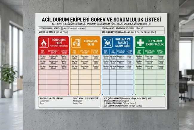 Acil Durum Ekipleri ve Görev Dağılım Listesi Şablonu (Word)