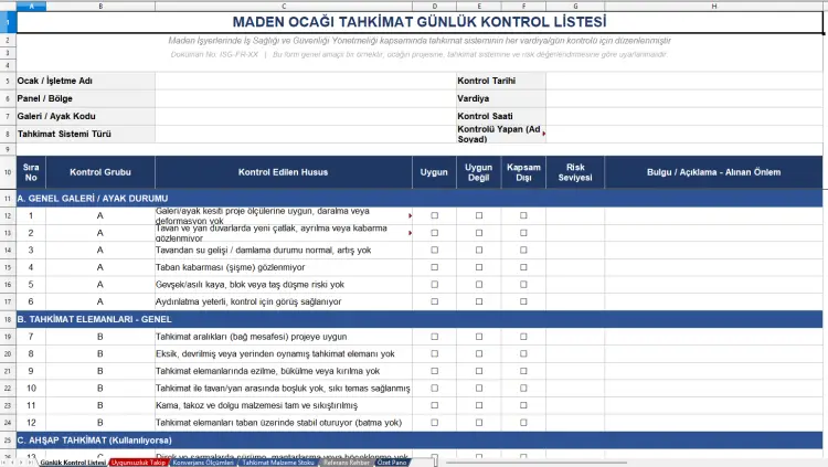 Maden Ocağı Tahkimat Günlük Kontrol Listesi (Excel İndir)
