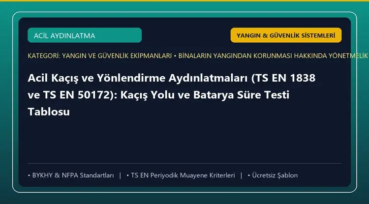Acil Kaçış ve Yönlendirme Aydınlatmaları (TS EN 1838 ve TS EN 50172): Kaçış Yolu ve Batarya Süre Testi Tablosu
